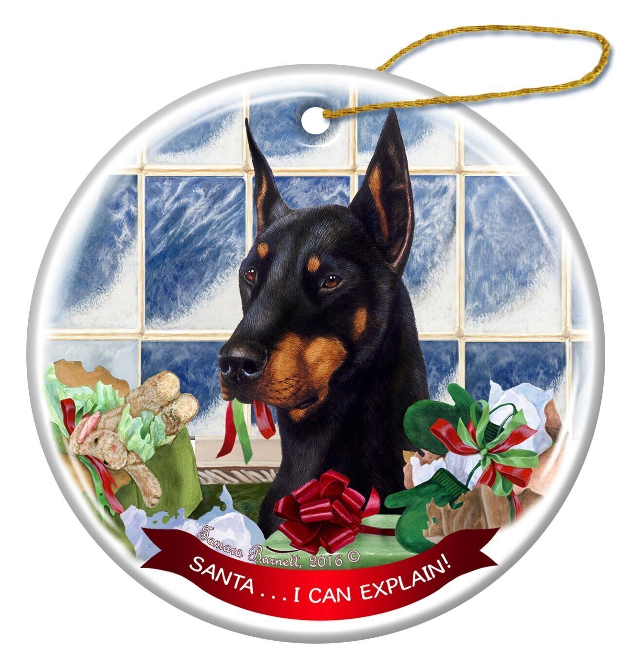 Black Doberman with Cropped Ears Porcelain Ornament Santa I Can Explain!