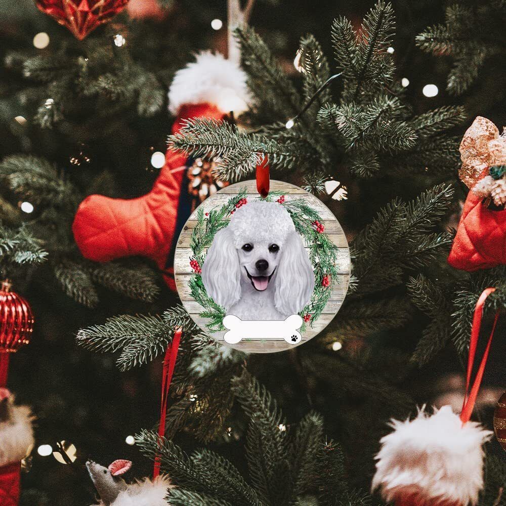 White Poodle Ornament - E&S Pets, DIY Personalizable, Ceramic Round Ornament