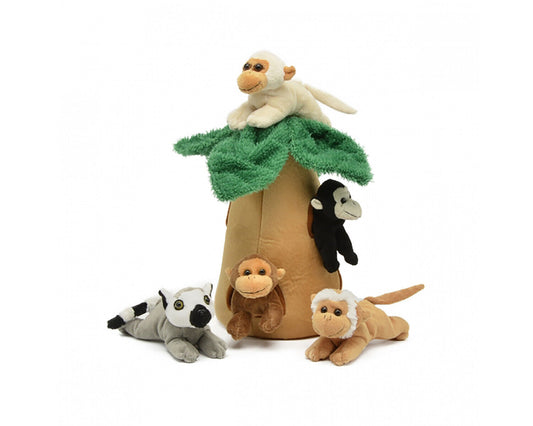 Plush Monkey House with Animals - 5 Stuffed Monkeys in Banana Tree Carrying Case