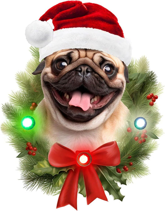 Spoontiques Pug Ornament - Wooden Decorations w LED Lights - 4"x5"