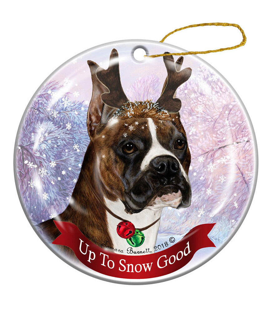 Brindle and White Boxer Cropped Reindeer Dog Porcelain Christmas Ornament