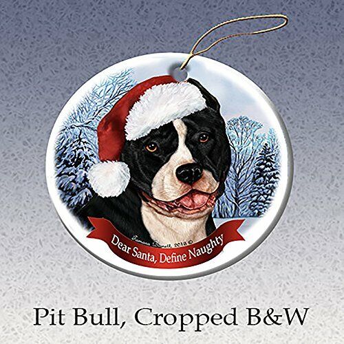 Holiday Pet Gifts Black & White Pit Bull (Cropped) Dog Porcelain Ornament