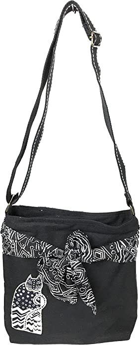 Laurel Burch Feline Crossbody Shoulder Bag Purse, Black Polka Dot Cat