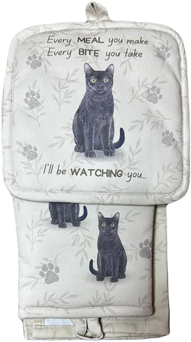 Black Cat 3-Piece Kitchen Set - Oven Mitt, Pot Holder & Kitchen Towel Set