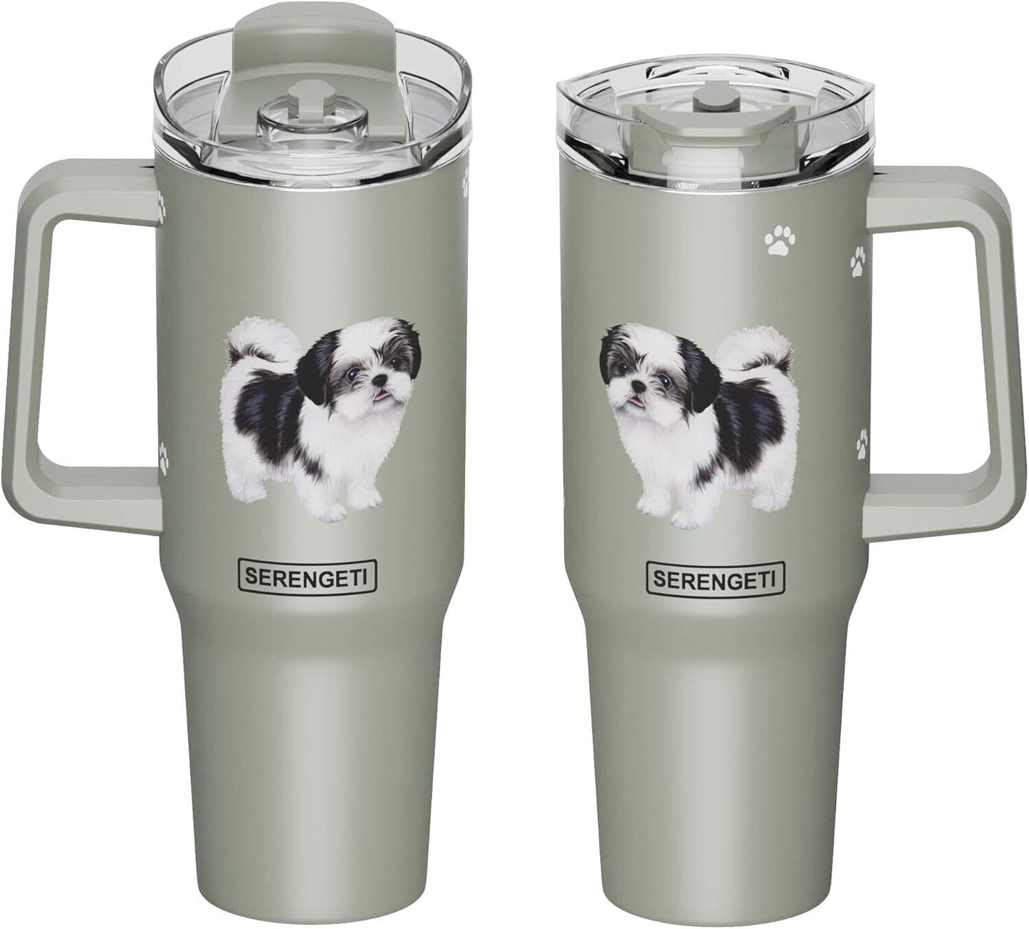 Serengeti 40 Oz Shih Tzu Black Stainless Steel Tumbler with Handle, Straw & Lid