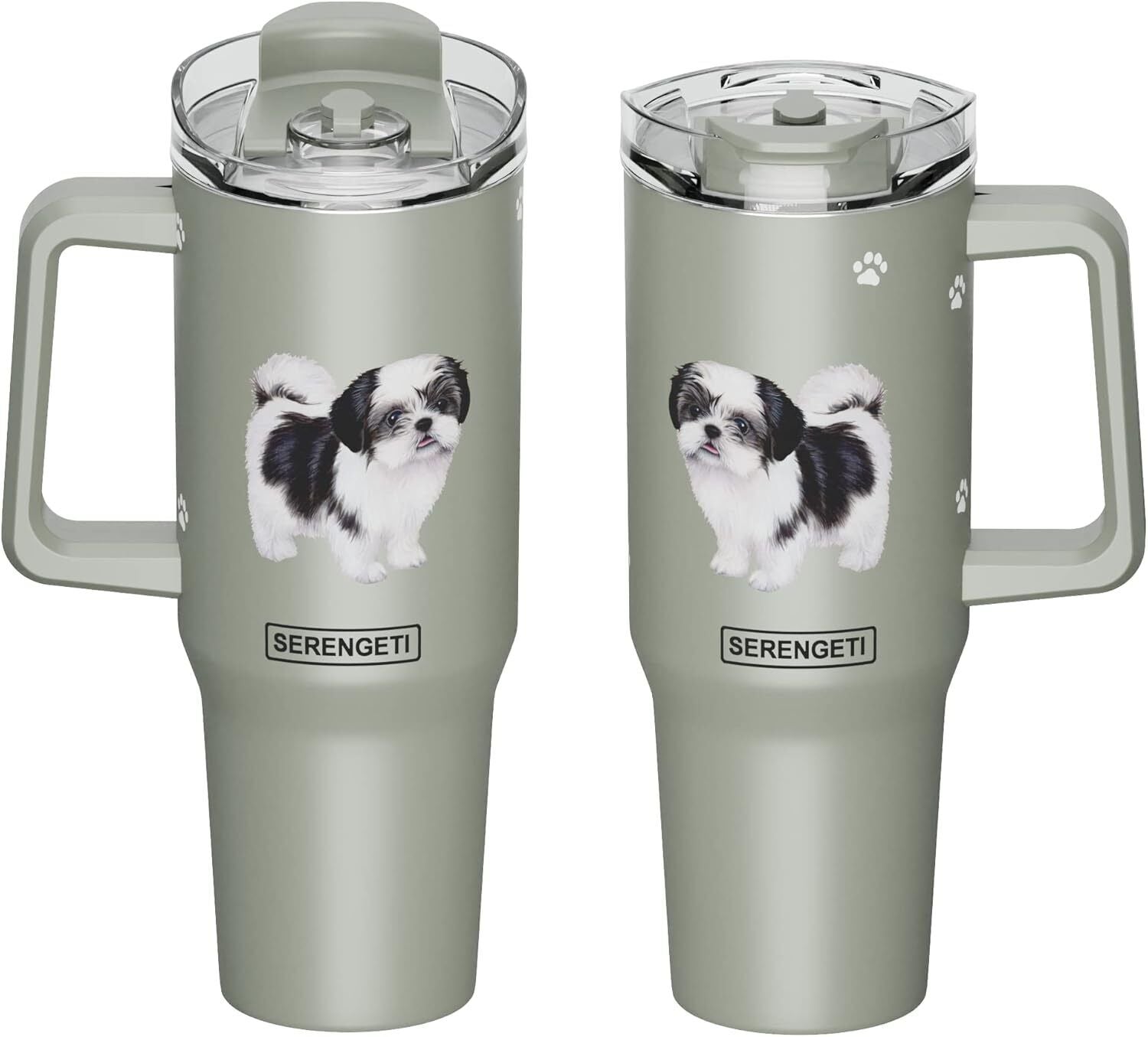 Serengeti 40 Oz Shih Tzu Black Stainless Steel Tumbler with Handle, Straw & Lid