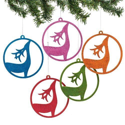Dept 56 Velvet Reindeer Wooden Colorful Flat Ornaments with Glitter, Set of 5