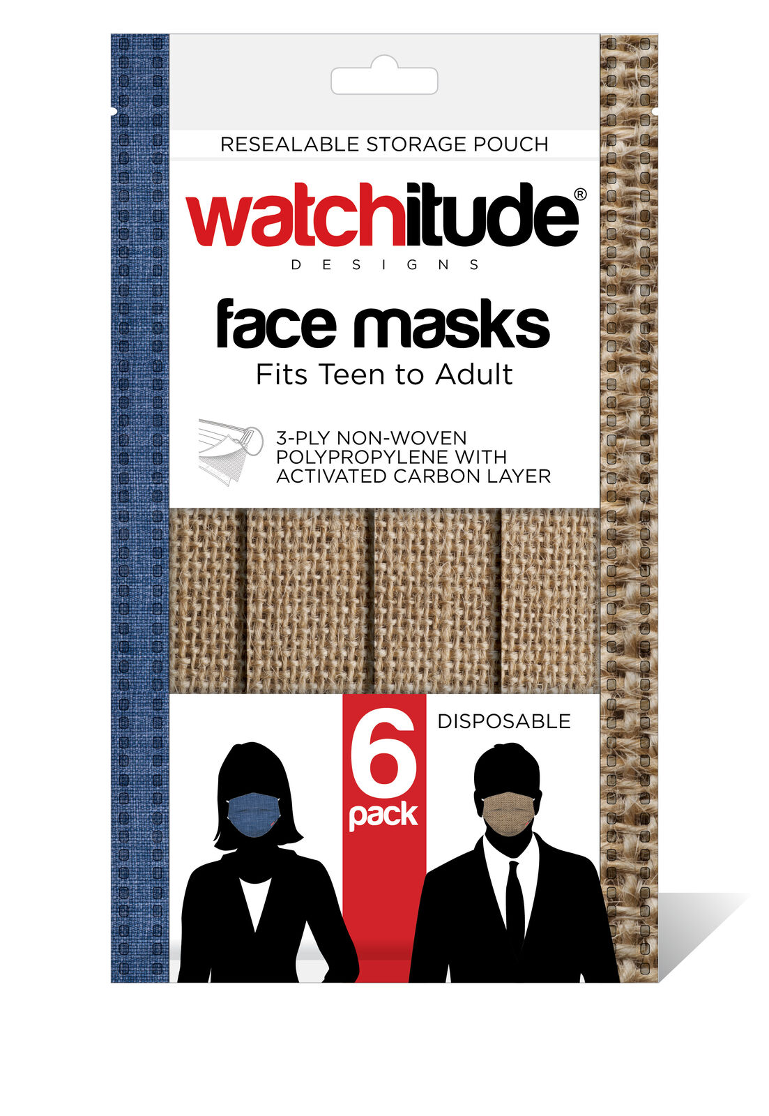 Watchitude Fun Face Masks for Adults/Teens - 6 pack - Burlap, Blue Linen