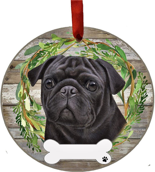 Black Pug Ornament - E&S Pets, DIY Personalizable, Ceramic Round Ornament