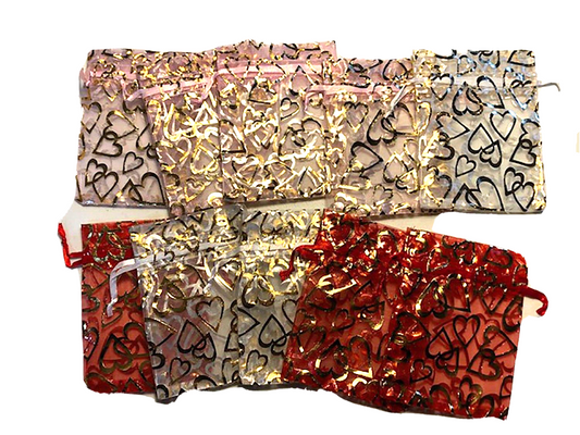 Pouch, 12 organza bags 3x4.5" with drawstring, heart pattern, colors may vary