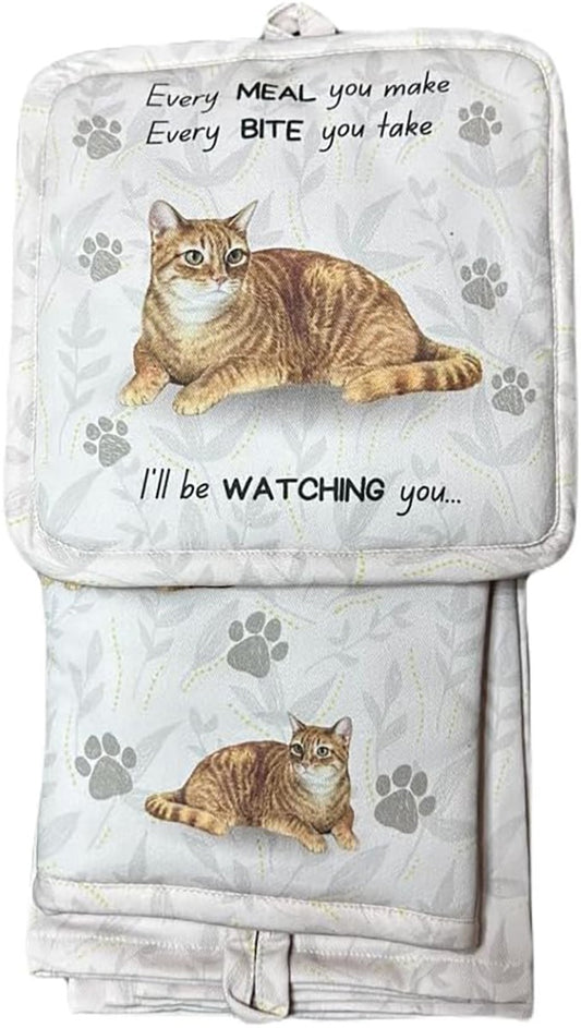 Tabby Orange cat 3-Piece Kitchen Set - Oven Mitt, Pot Holder & Kitchen Towel Set
