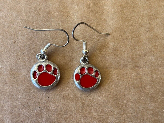 Red Enameled Paw Print Dog Cat Tiger Pewter Earrings, 1/2"