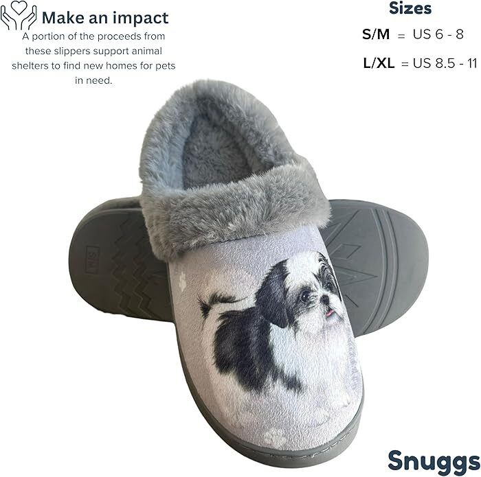 E&S Pets Black Shih Tzu Snugg Slippers for Pet Lovers - Fuzzy Memory Foam, S/M