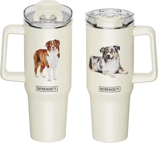 Serengeti 40 Oz Australian Shepherd Stainless Steel Tumbler w Handle, Straw, Lid