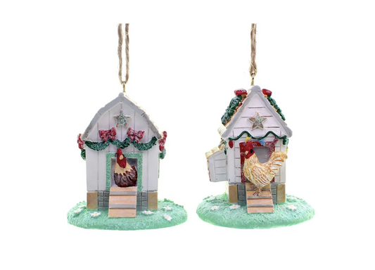 Kurt Adler Chicken Coop Ornaments, Set of 2, 2.6"