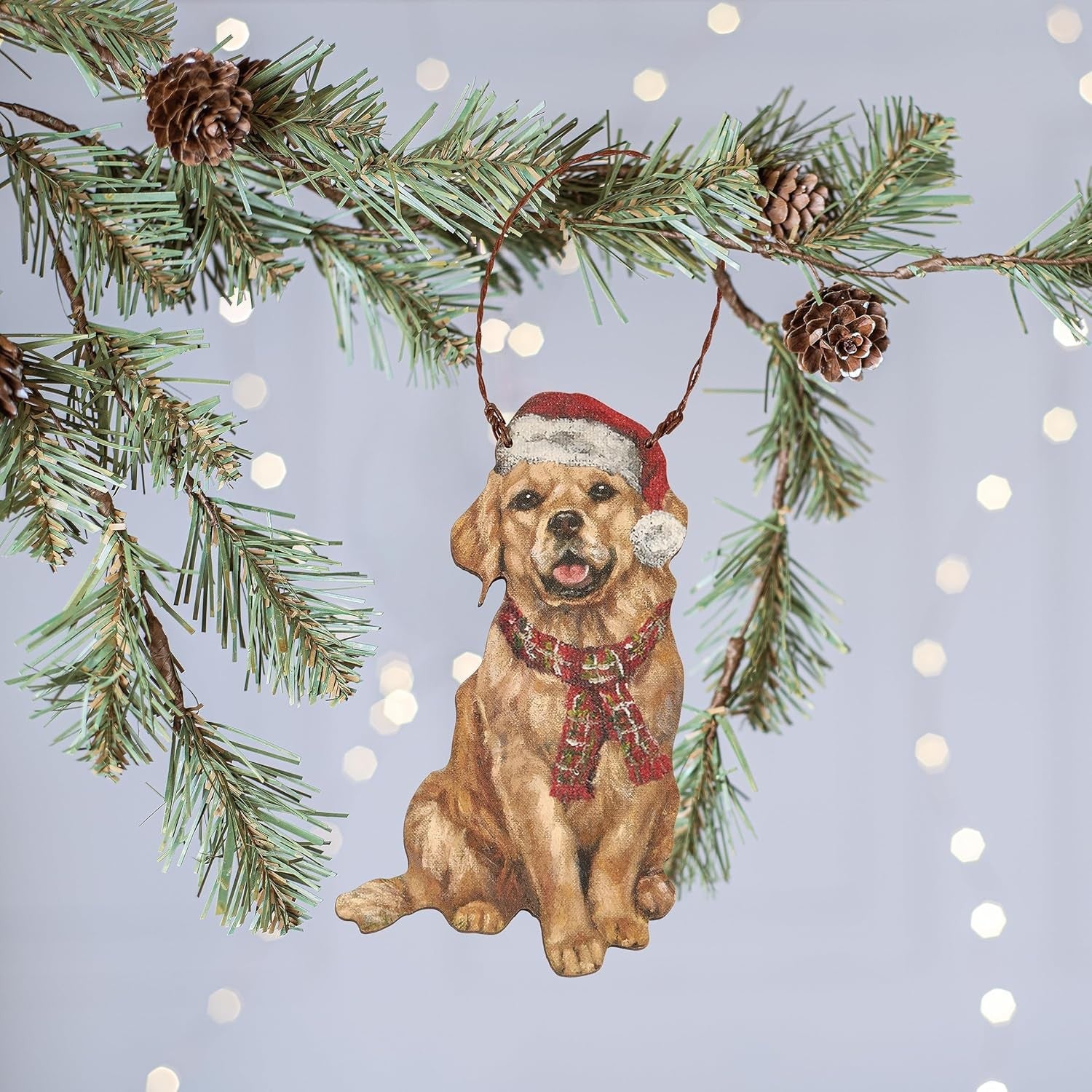 Primitives By Kathy Golden Retriever with Santa Hat Wooden Christmas Ornament
