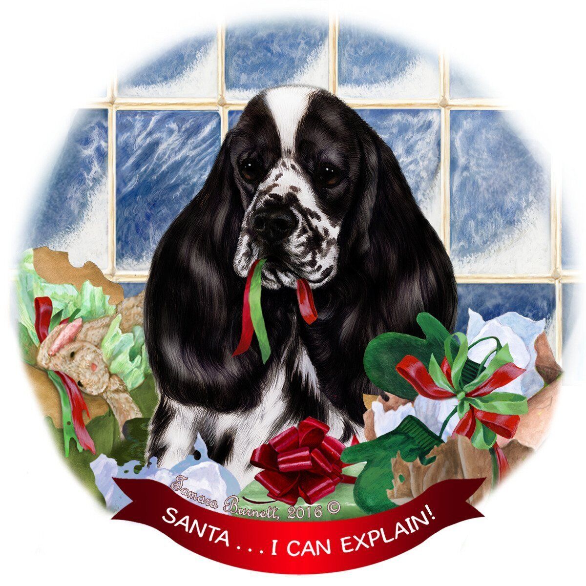 Black/White Parti Cocker Spaniel Porcelain Ornament 'Santa.. I Can Explain!