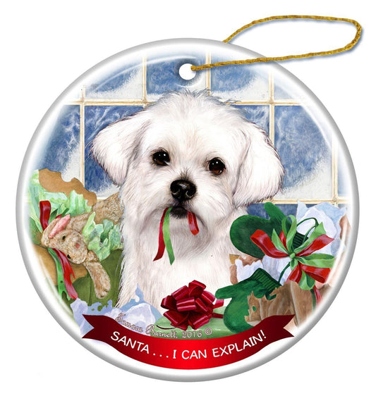 Maltese Dog Porcelain Hanging Ornament Pet Gift 'Santa.. I Can Explain!'