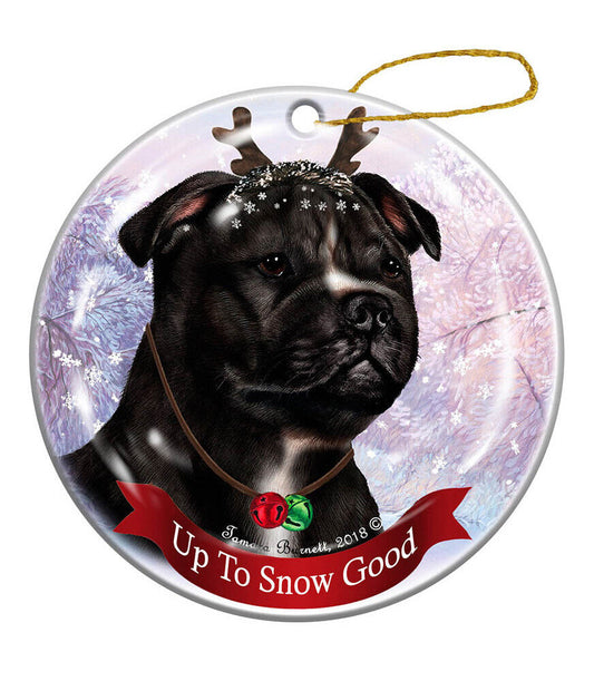 Black & White Staffordshire Bull Terrier Reindeer Porcelain Christmas Ornament