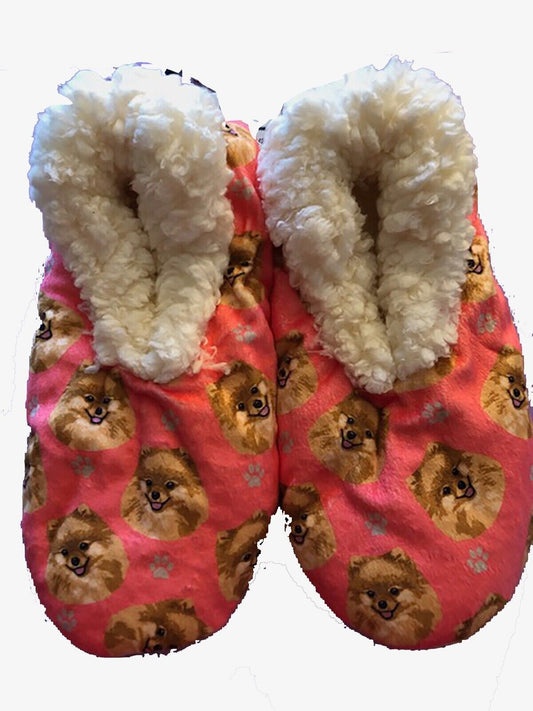 Comfies Womens Pomeranian Dog Slippers - Sherpa Lined Animal Print Booties