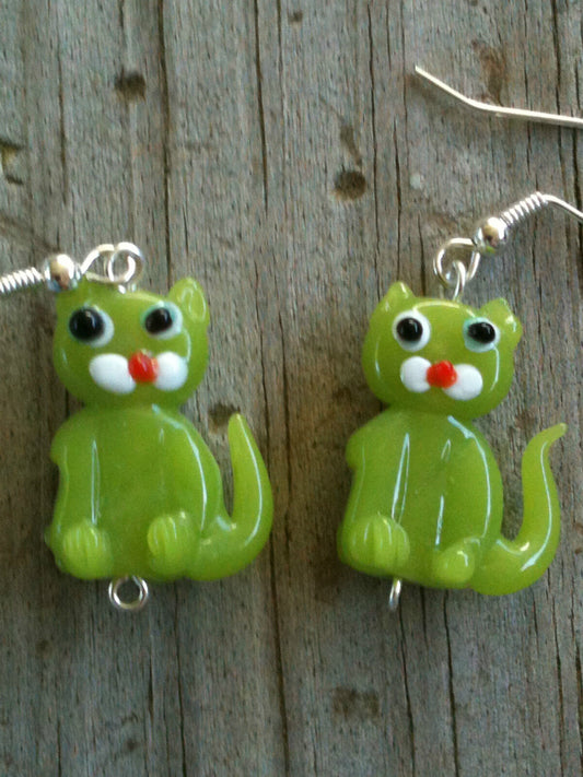 Yellow Green Opaque Sitting Cat Lampwork Glass Earrings