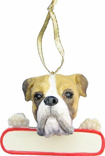 Boxer Ornament Fawn "Santa's Pals" With Personalizable Name Plate