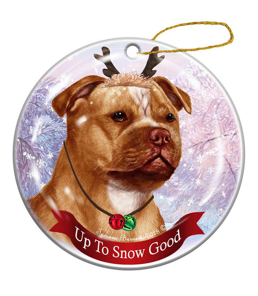Staffie Bull Terrier Orange/White Dog Reindeer Porcelain Christmas Ornament