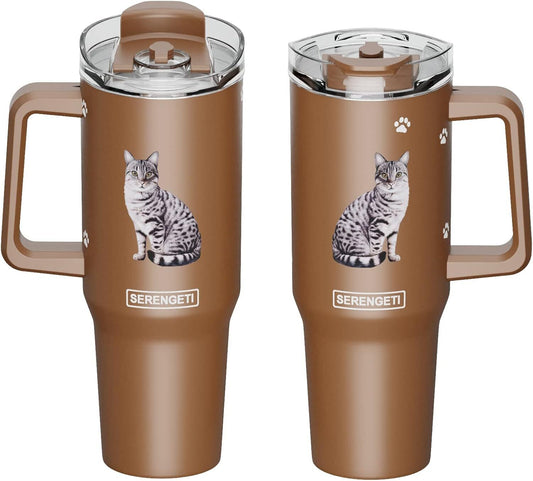 Serengeti 40 Oz Silver Tabby Cat Stainless Steel Tumbler w Handle, Straw & Lid