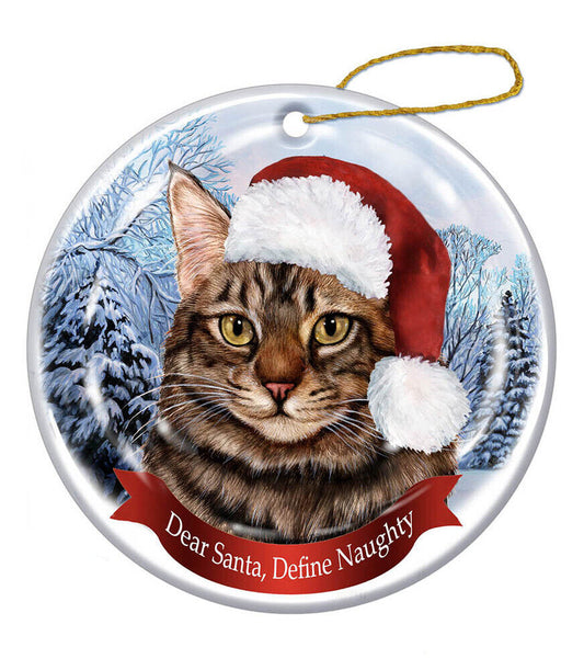 Holiday Maine Coon Cat, Brown Tabby Santa Hat Cat Porcelain Christmas Ornament