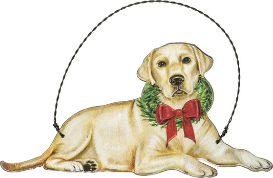 Primitives By Kathy Yellow Lab with Wreath Wooden Christmas Ornament