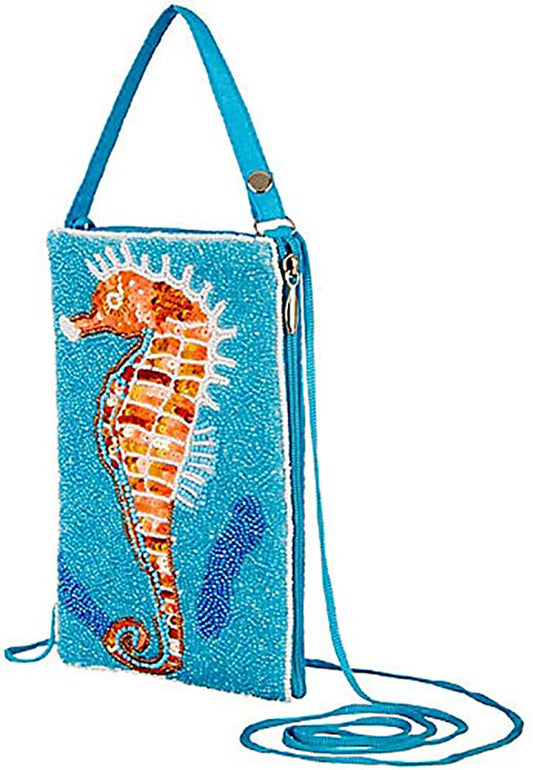 Seahorse Hand Beaded Club Bag, With Cross body Strap and Buttoned Wristlet Strap