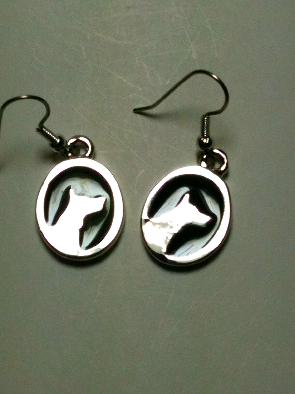 Silver Oval Dog Outline Enameled Earrings