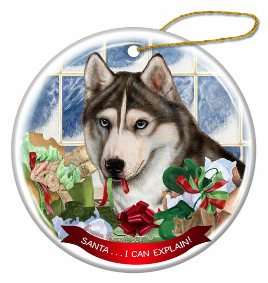 Grey and White Siberian Husky Dog Porcelain Ornament 'Santa.. I Can Explain!'