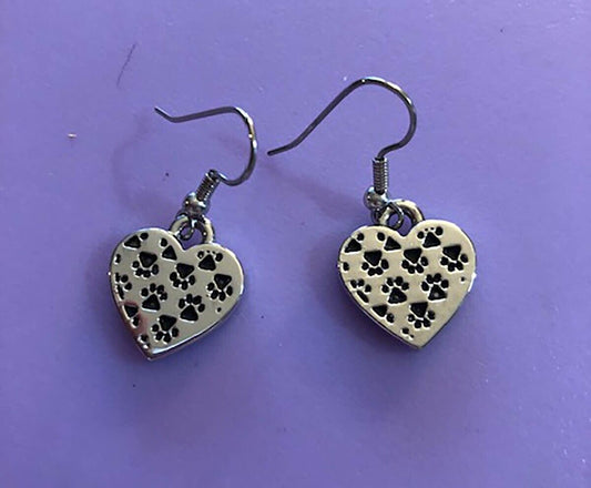 Silver Heart with Indented Mini Paw Print Earrings, Both Sides the Same