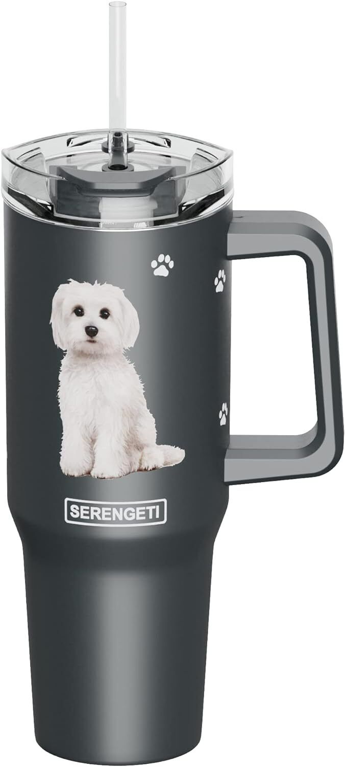Serengeti 40 Oz Maltese Dog Stainless Steel Tumbler with Handle, Straw & Lid