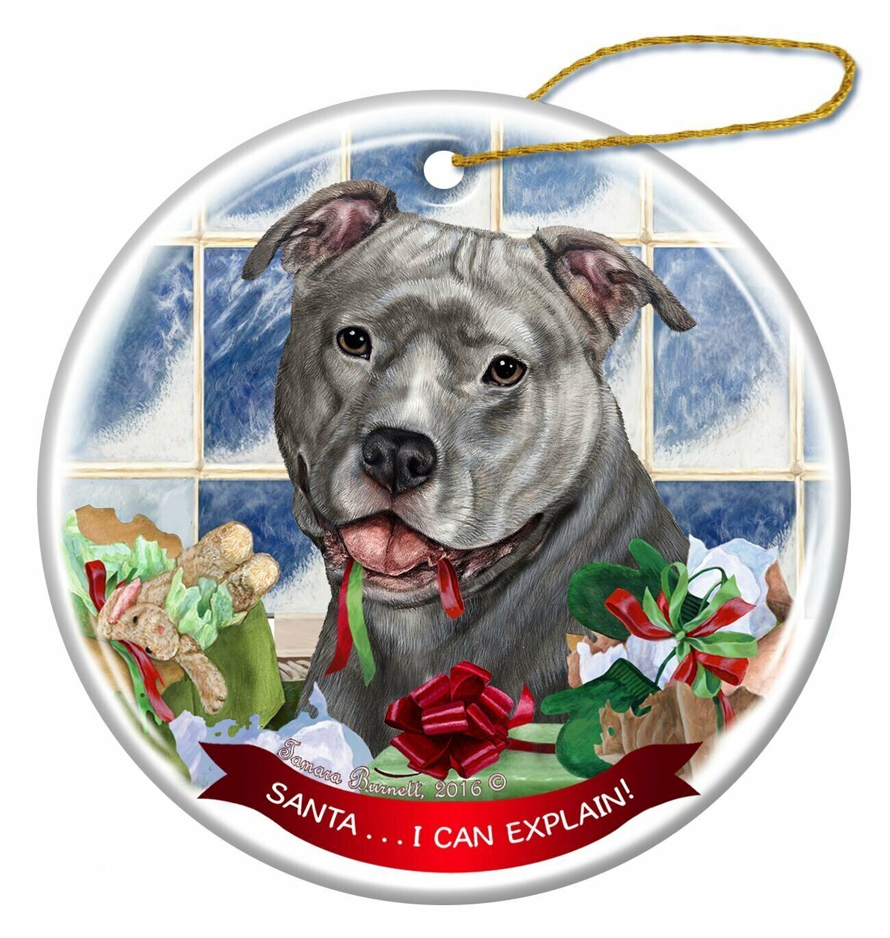 Blue Pit Bull Uncropped Dog Porcelain Ornament Pet Gift 'Santa.. I Can Explain!