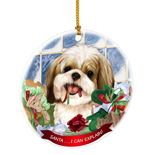 Shih Tzu Gold White Santa I Can Explain Round White Porcelain Hanging Ornament