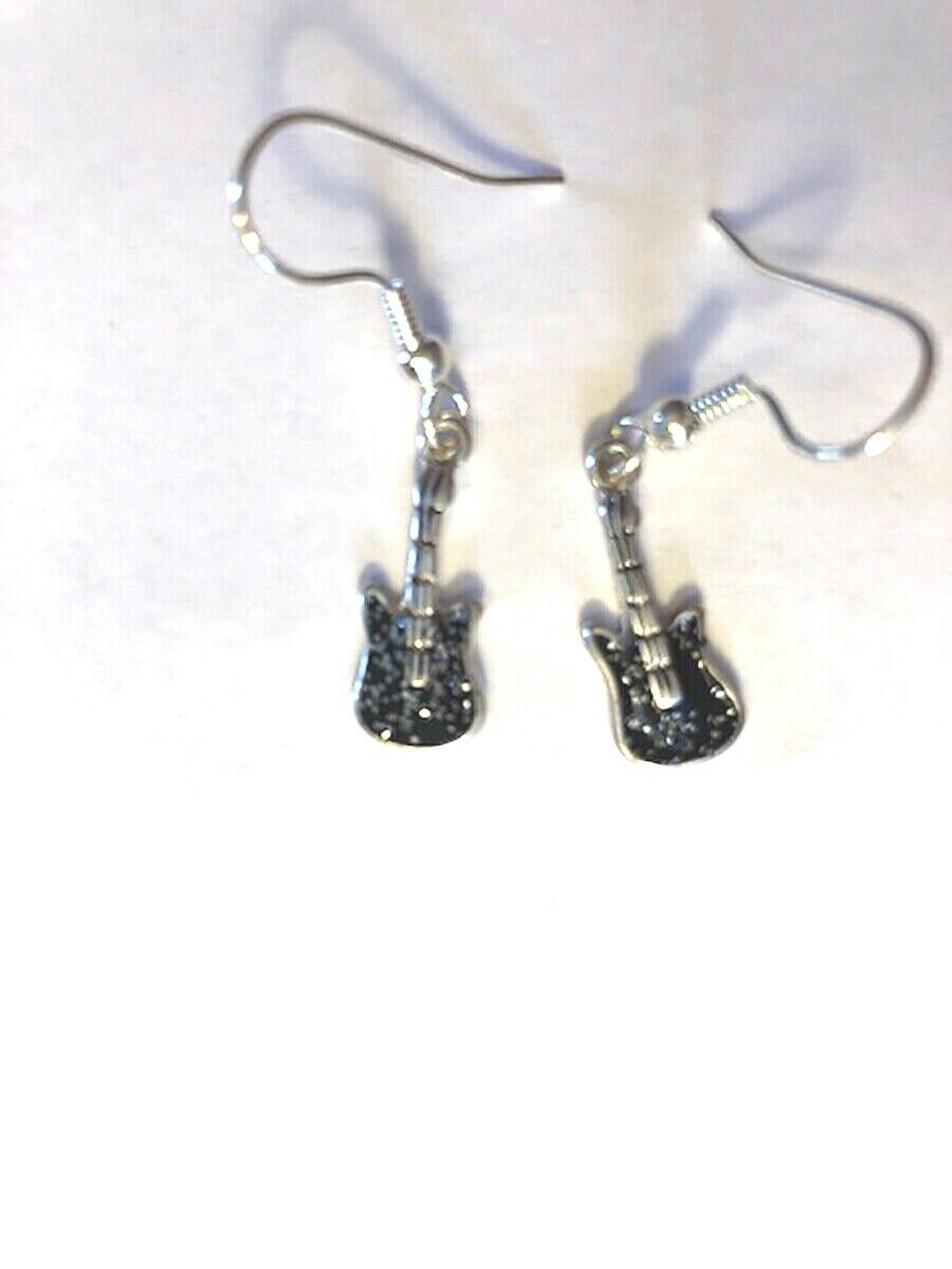 Electric Guitar Black Enamel 3D Silver Plated Lead Free Pewter Music Earrings