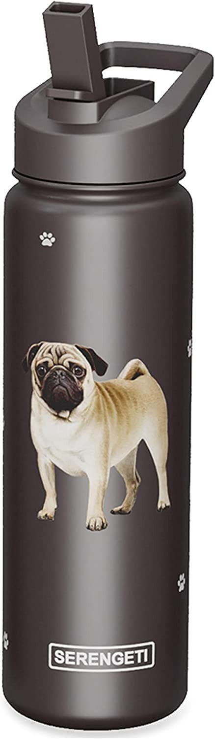 E&S Pets Stainless Steel Water Bottle 24 Oz., Spill Proof (Pug)