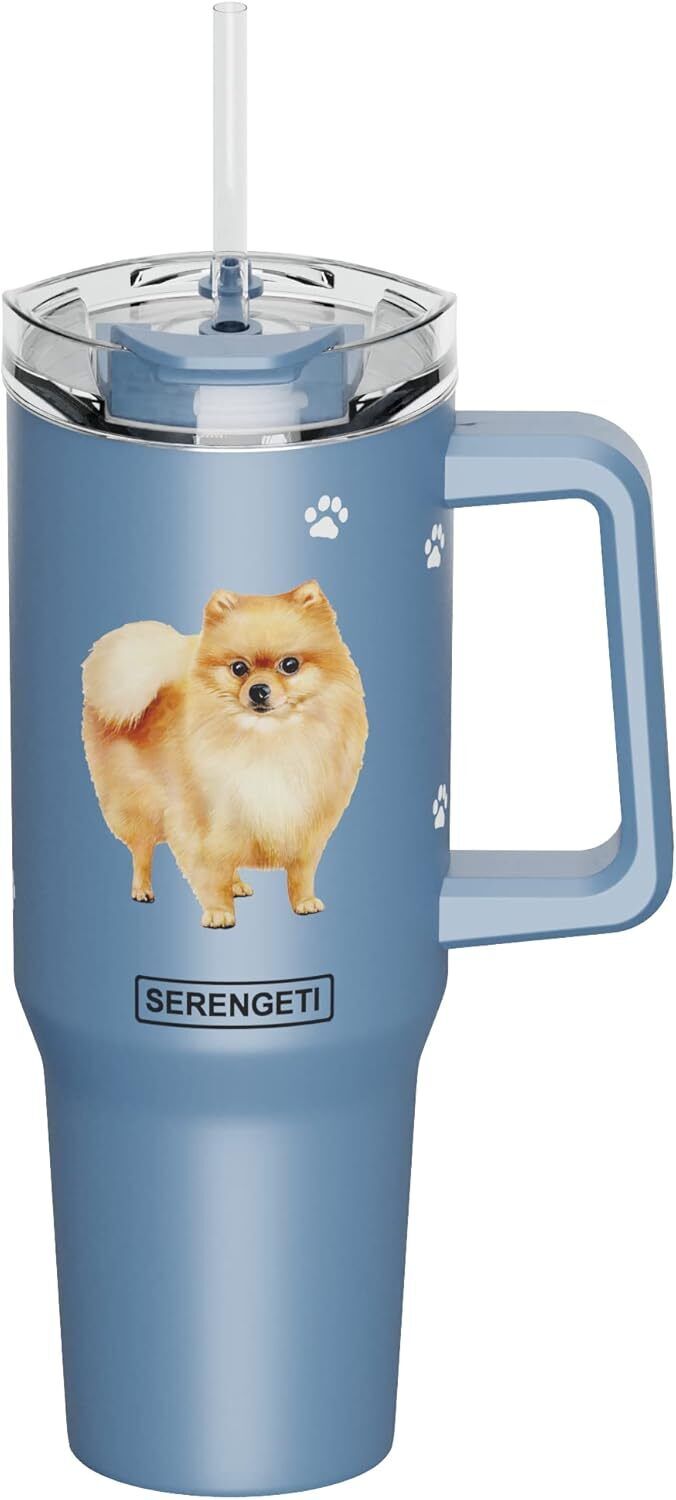 Serengeti 40 Oz Pomeranian Dog Stainless Steel Tumbler with Handle, Straw & Lid