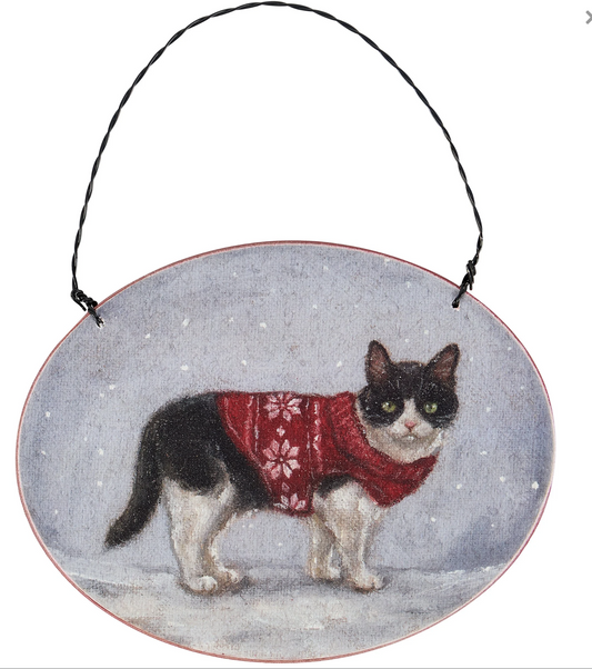 Primitives By Kathy Cozy Tuxedo Cat with Sweater Wooden Christmas Ornament