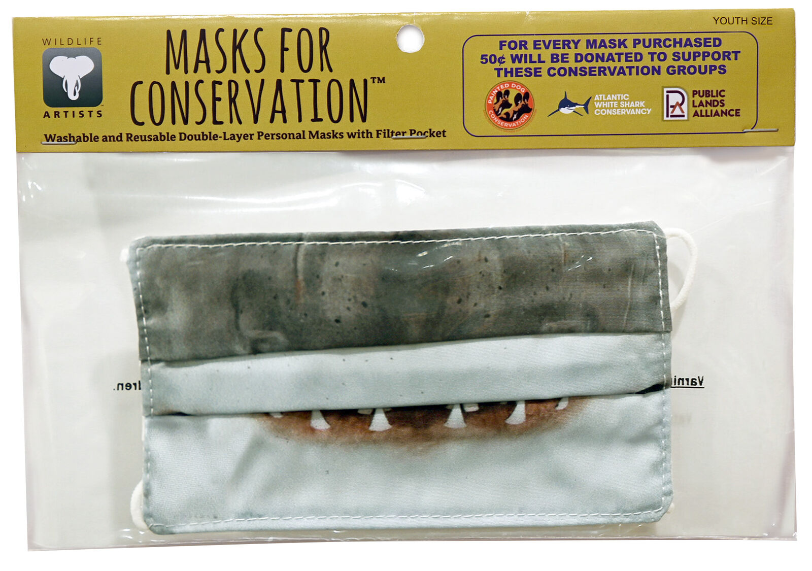 Wildlife Artists Fun Youth Animal Face Masks, Washable, Reusable - Great White