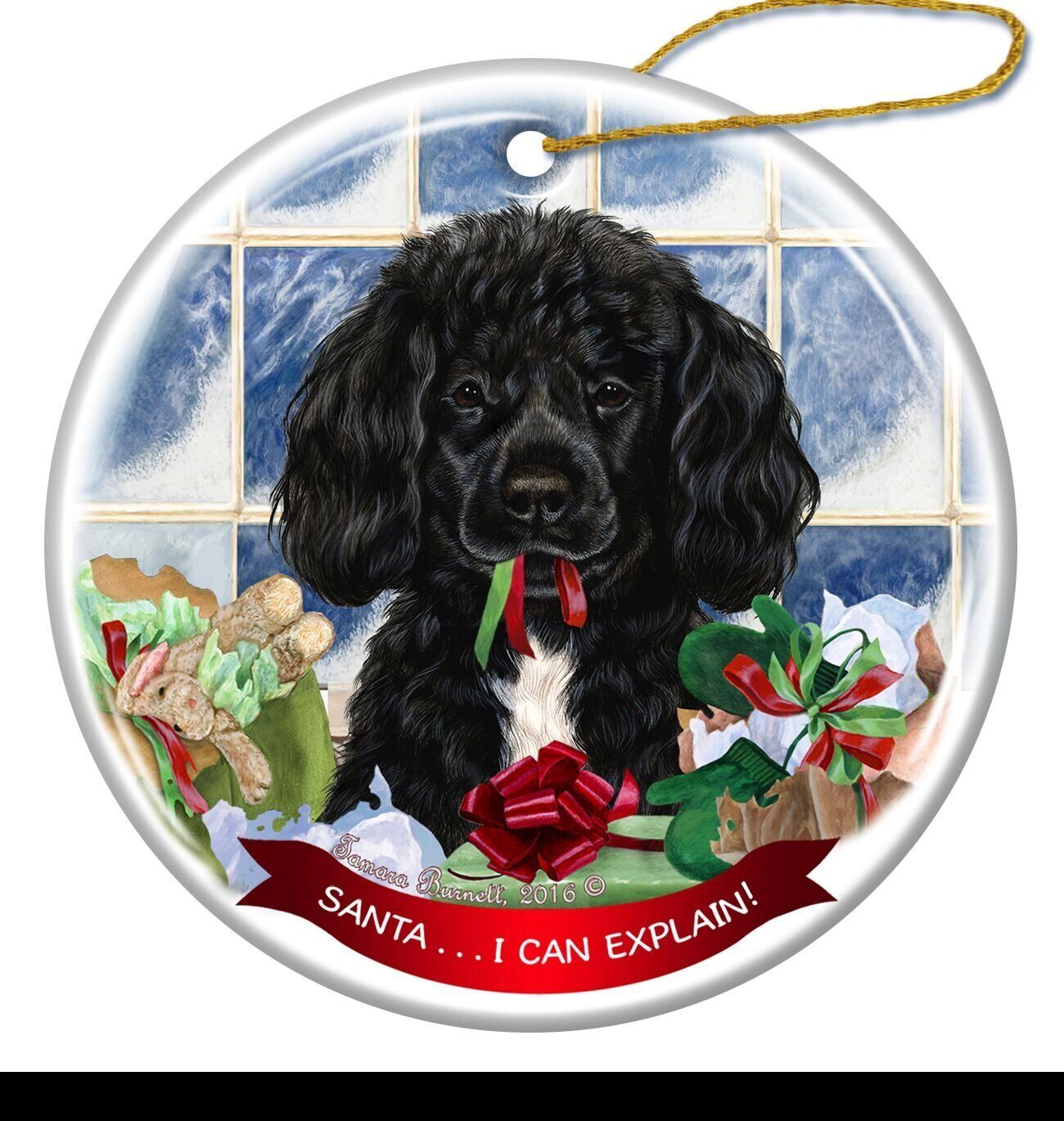 Black and White Portuguese Water Dog Porcelain Ornament 'Santa. I Can Explain!'