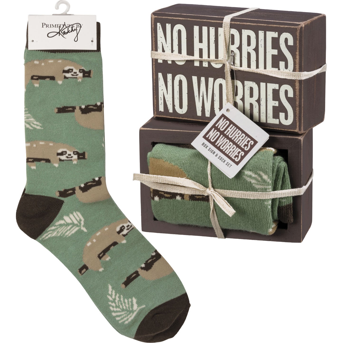 Primitives by Kathy Box Sign & Pair of Socks Set - Sloth No Hurries No Worries