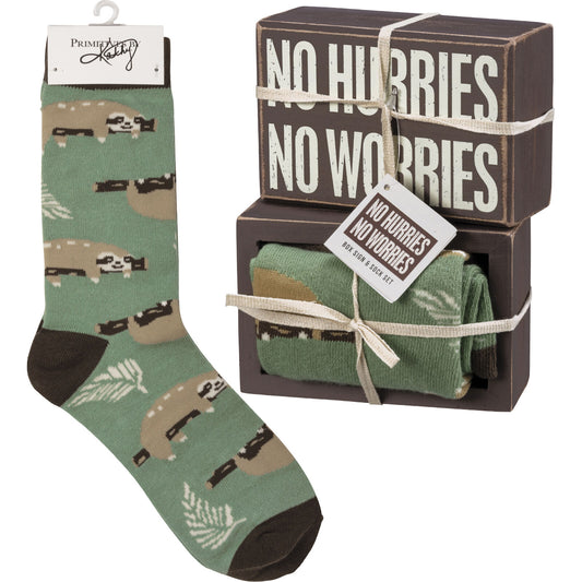 Primitives by Kathy Box Sign & Pair of Socks Set - Sloth No Hurries No Worries