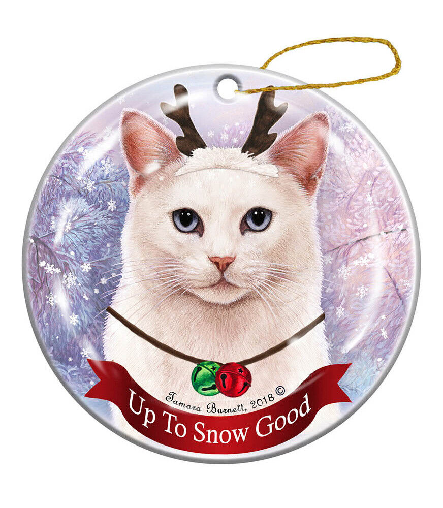 Holiday Pet Gifts White Shorthaired Blue Eye Cat Porcelain Christmas Ornament