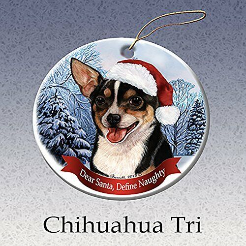 Holiday Pet Gifts Tri-Color Chihuahua Santa Hat Dog Porcelain Christmas Ornament