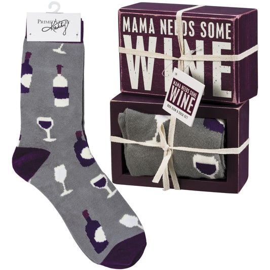 Primitives by Kathy Box Sign & Pair of Socks Set - Mama Needs Some Wine