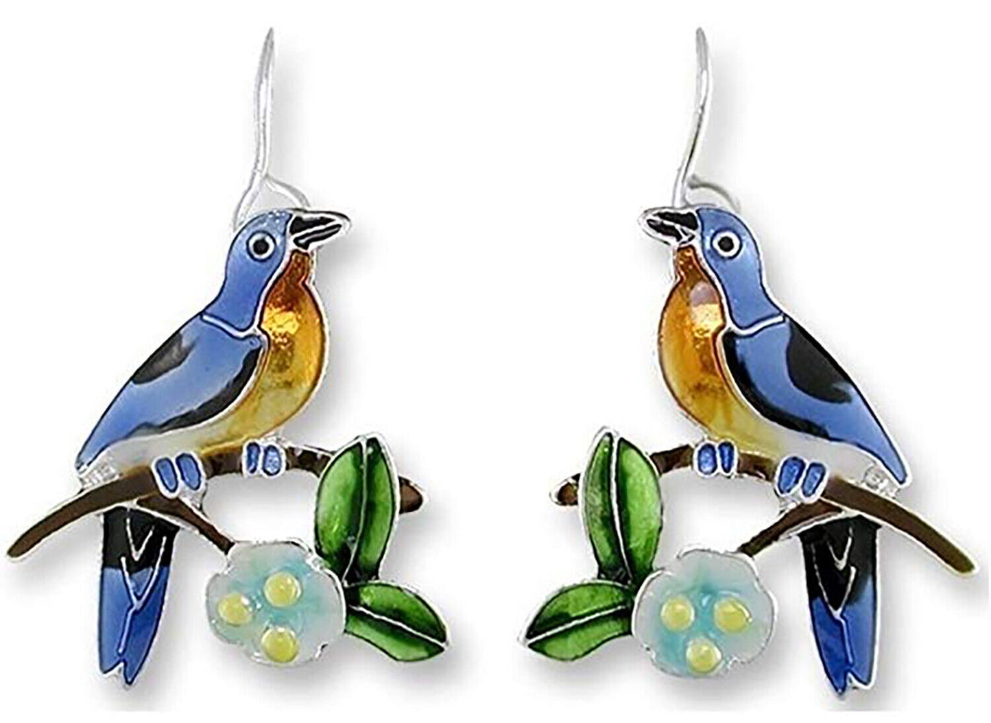 Paul Brent Bluebird and Dogwood Enameled Wire Dangle Earrings
