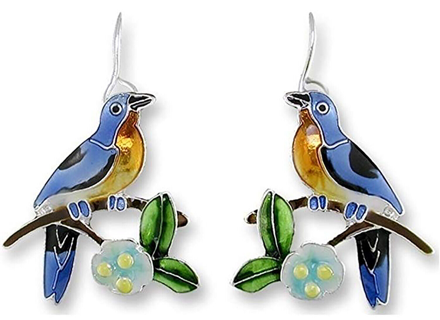 Paul Brent Bluebird and Dogwood Enameled Wire Dangle Earrings